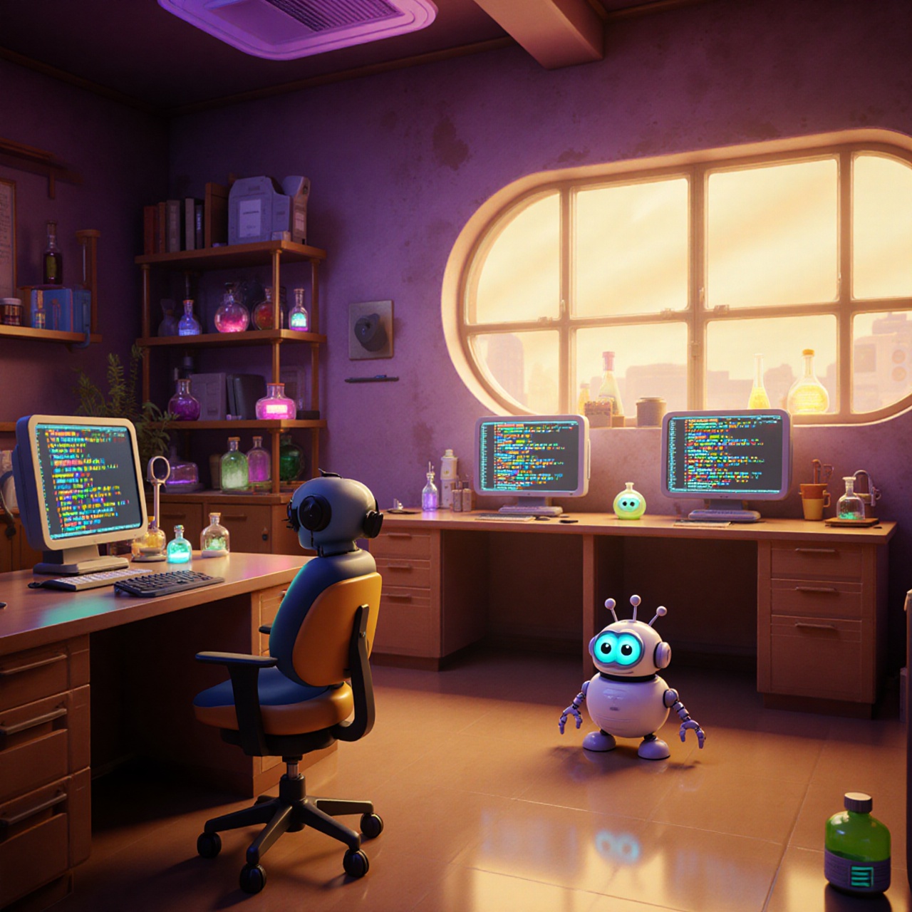 Edgar Martin-Blas AI CRAZY LAB: animated scientist in a lab surrounded by code screens, a VR headset and small robots — personal AI experiment lab.